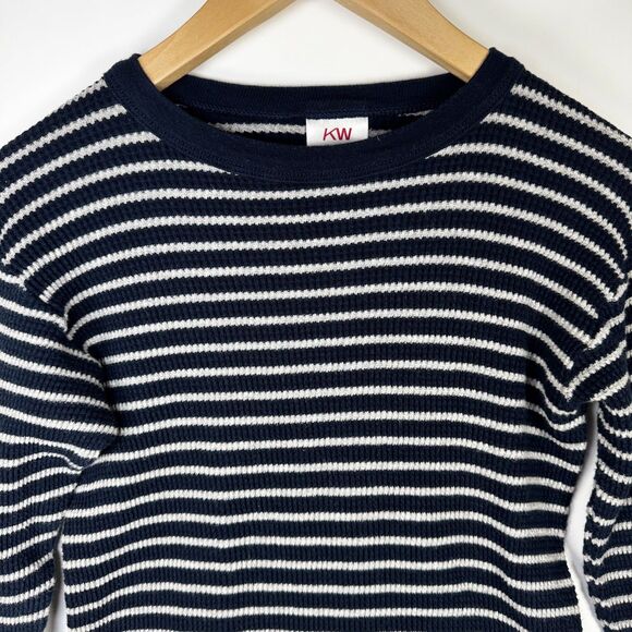 Knotty Woodpecker Farm Knit Thermal Womens Medium Blue Cream Striped Made in USA - Picture 2 of 10